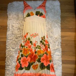 Vintage 1970’s Malihini Hawaii Glows In Blacklight White & Coral Maxi Dress EC